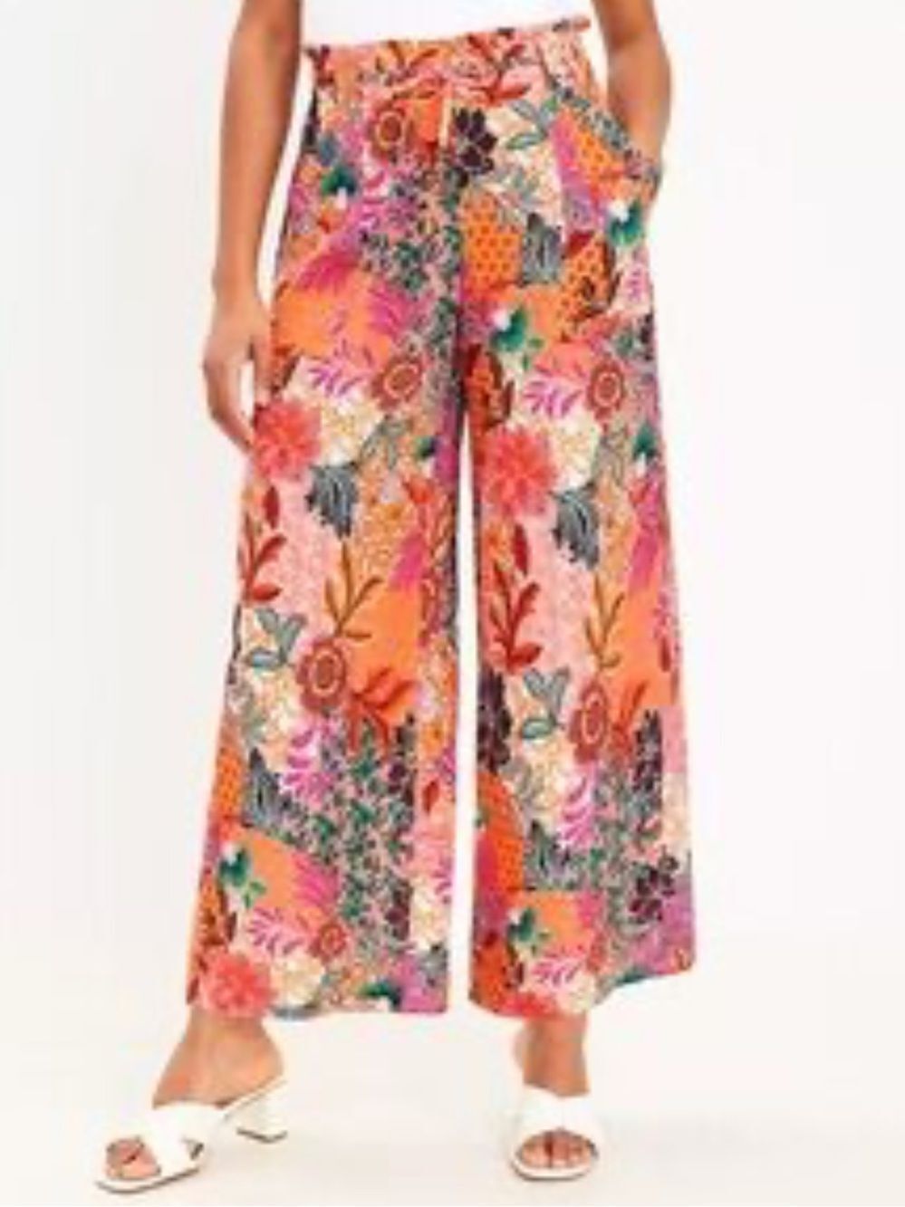 LOFT WOMENS FLORAL LINEN PULL ON PANT CROPPED PINK ORANGE XS